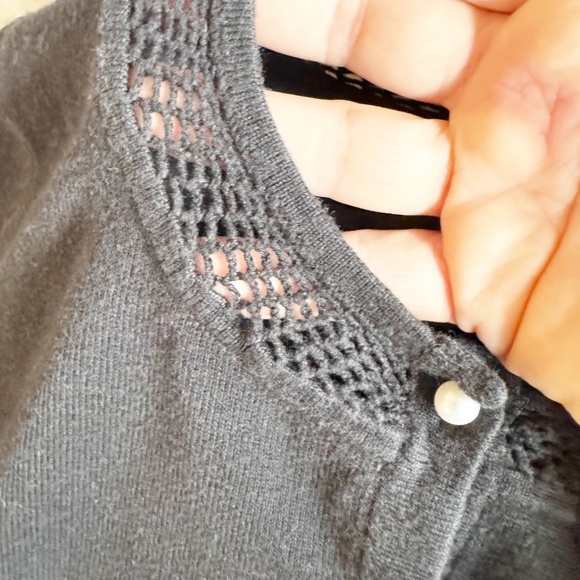 Black Cardigan with Open Knit Detailed Neckline & Pearl Buttons - Picture 3 of 7